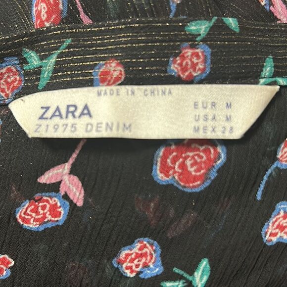 Zara Floral Print Peplum Blouse Top Black Metallic Gold Pink V-Neck MEDIUM - Picture 3 of 6